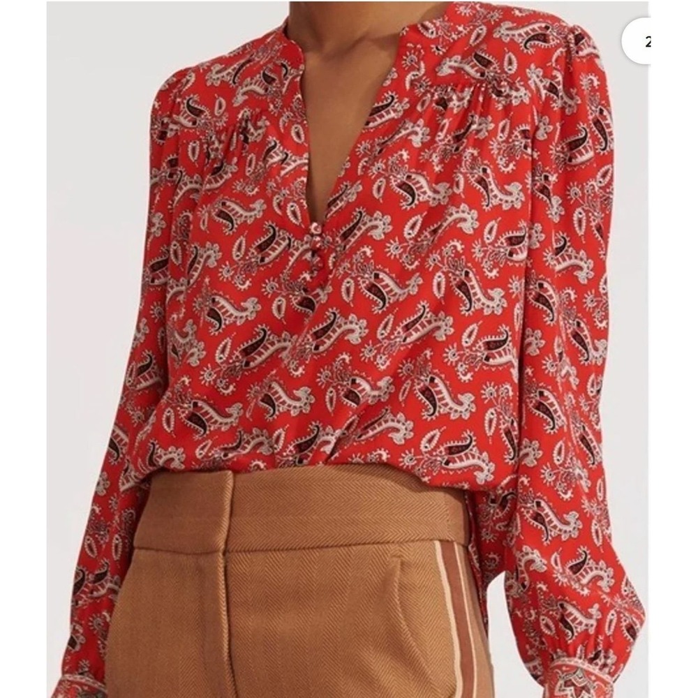 Veronica Beard Red Paisley 100% Silk Blouse V-Neck Long Sleeve Top Size 2